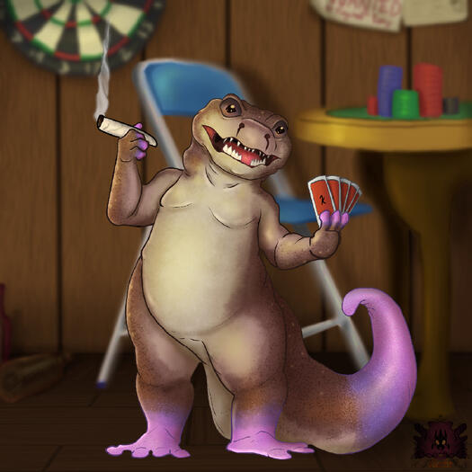 Full body portrait of "Eight Fingered" Tony, holding two props and standing in a room full of props. The walls and floor are textured.