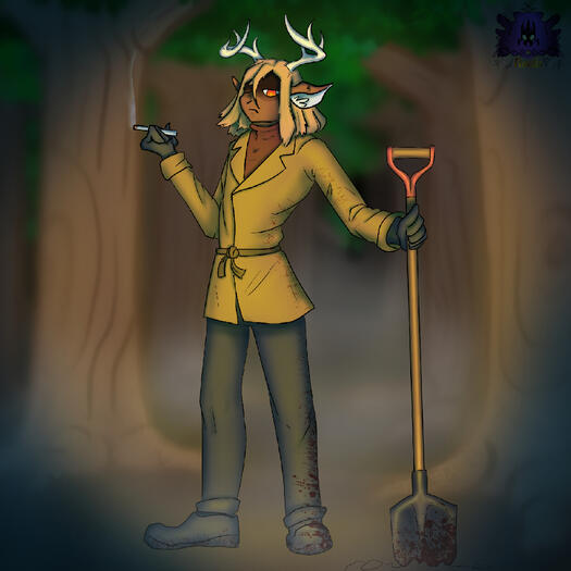 A nameless stranger, blood splattered on his clothes and shovel, looks at the viewer disdainfully as he holds his cigarette. He is in a dark, misty forest.