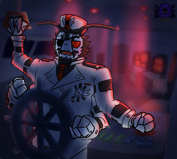 A bug-man stands at the helm of a dark, seemingly abandoned ship.