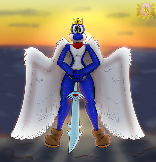 A blue yoshi stands at a cliff's edge, overhanging the ocean at sunset.