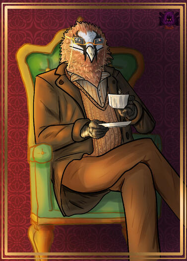 A bearded vulture man sips tea from the comfort of a plush recliner.