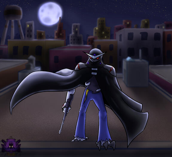 A cloaked owl man stands ominously on the roof of a building against a dark cityscape.
